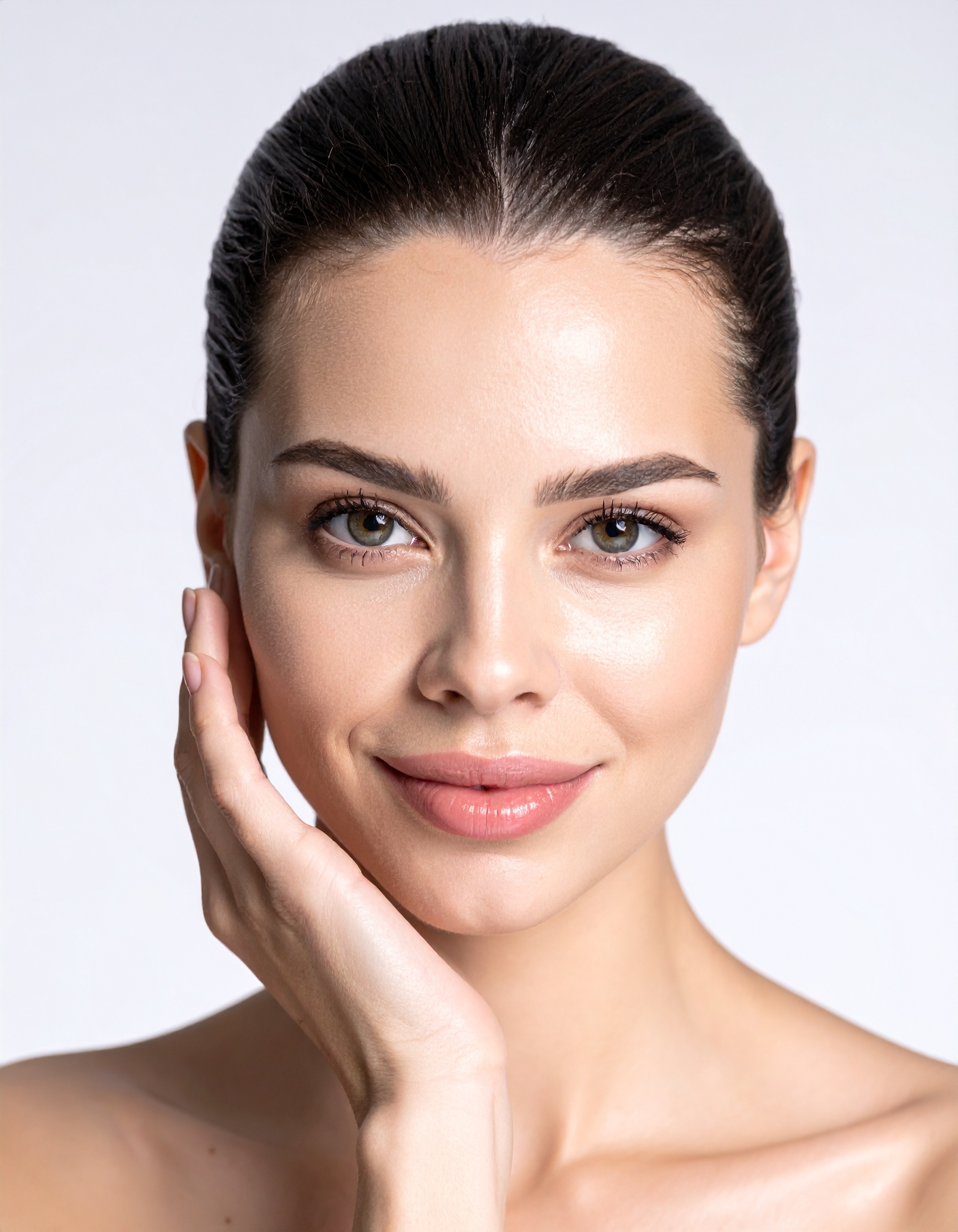 Primer plano de rostro femenino con piel hidratada y fresca, sensación de frescura, fondo blanco limpio, iluminación profesional de estudio, estilo publicidad cosmética Behandlungen mit Kollagenstimulatoren